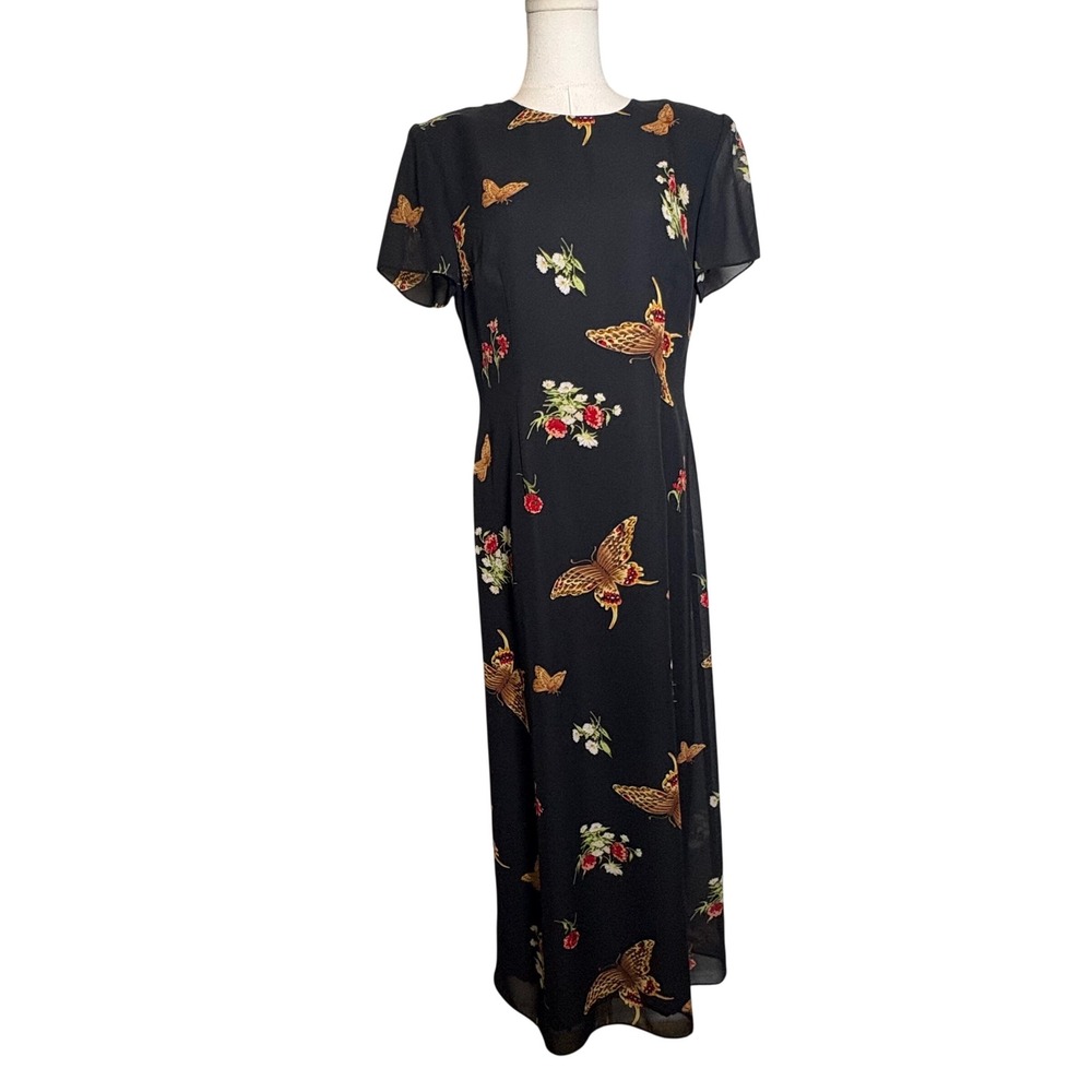 Michael Blair New York Butterfly Floral Midi Dress Black Short Sleeve Vintage 8